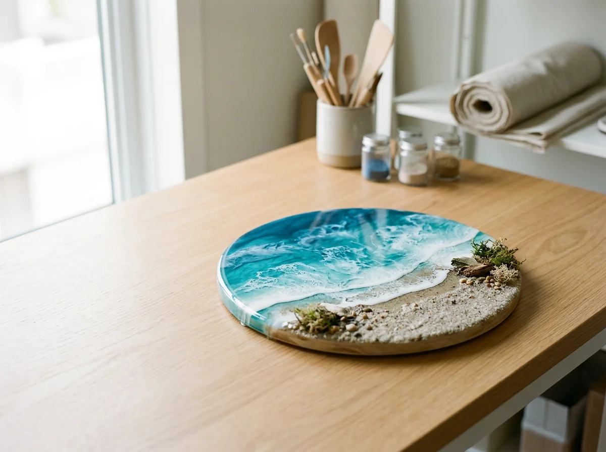 Decorative art piece of a beach scene with waves and sand on a round surface on a wooden table.