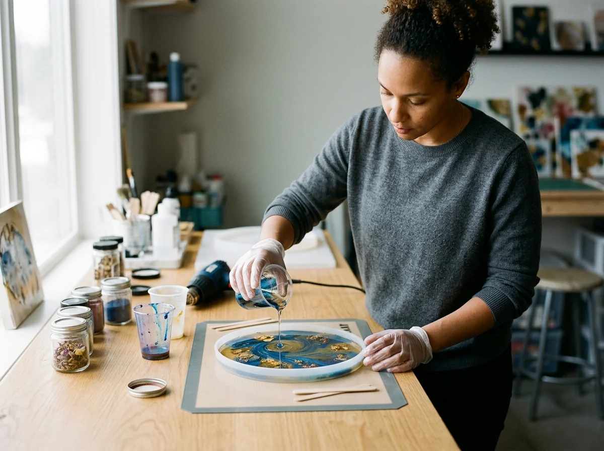 A woman wearing a grey sweater and gloves creating a fluid art piece with blue, gold, and white colors in a studio or craft room.
