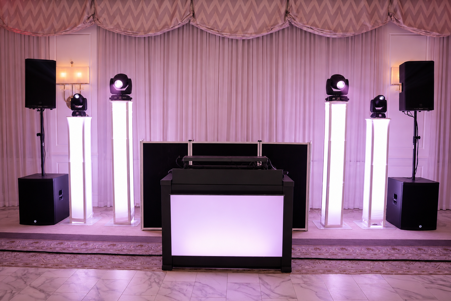 Evented Sound booth, speakers and uplighting before doors open