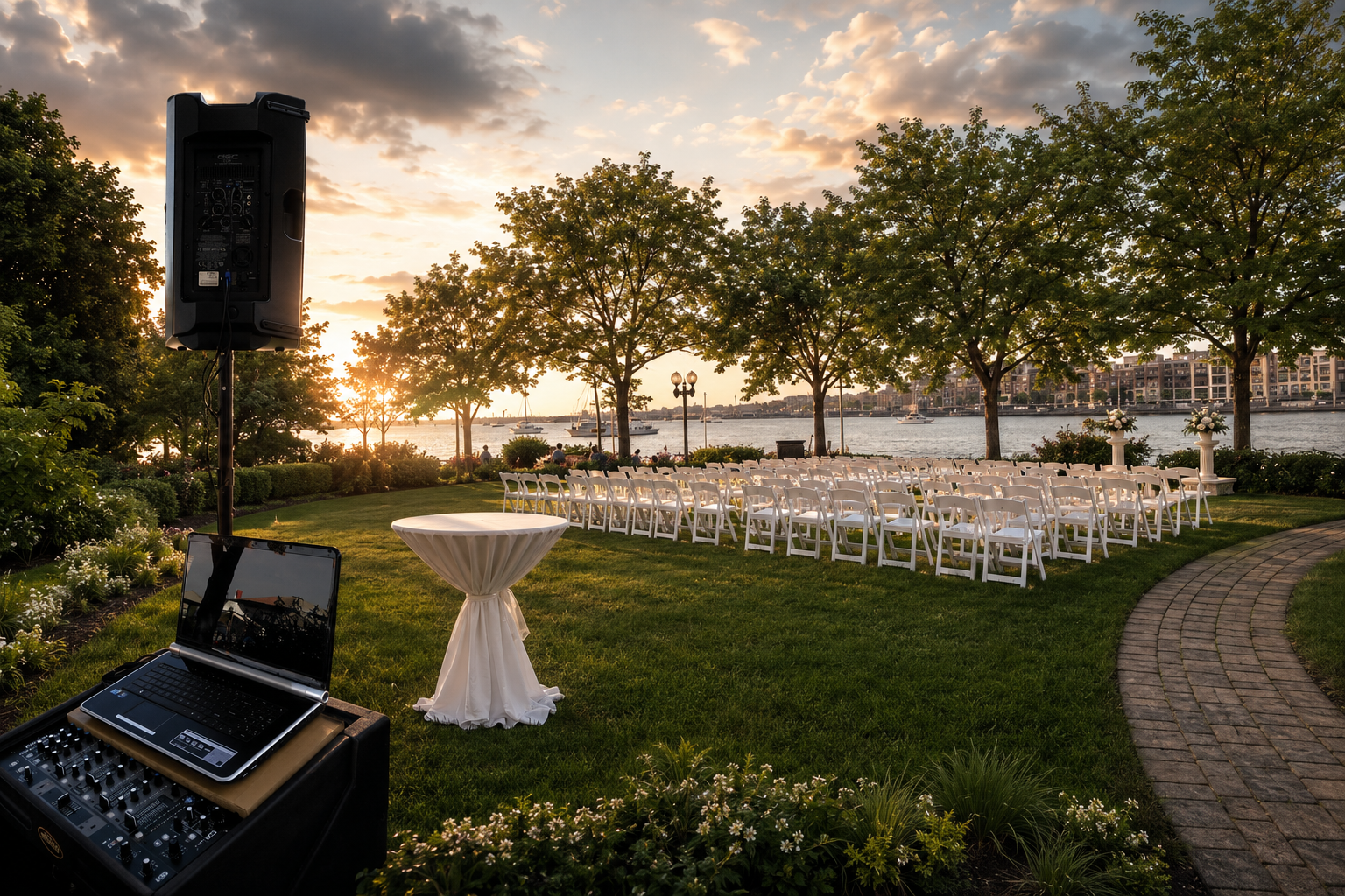 Outdoor wedding ceremony with waterfront guests