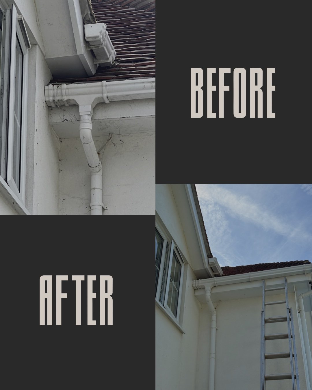 Comparison of the house's exterior gutter system before and after repair, showing a dirty, cracked gutter in the 'before' image and a clean, fixed gutter in the 'after' image.
