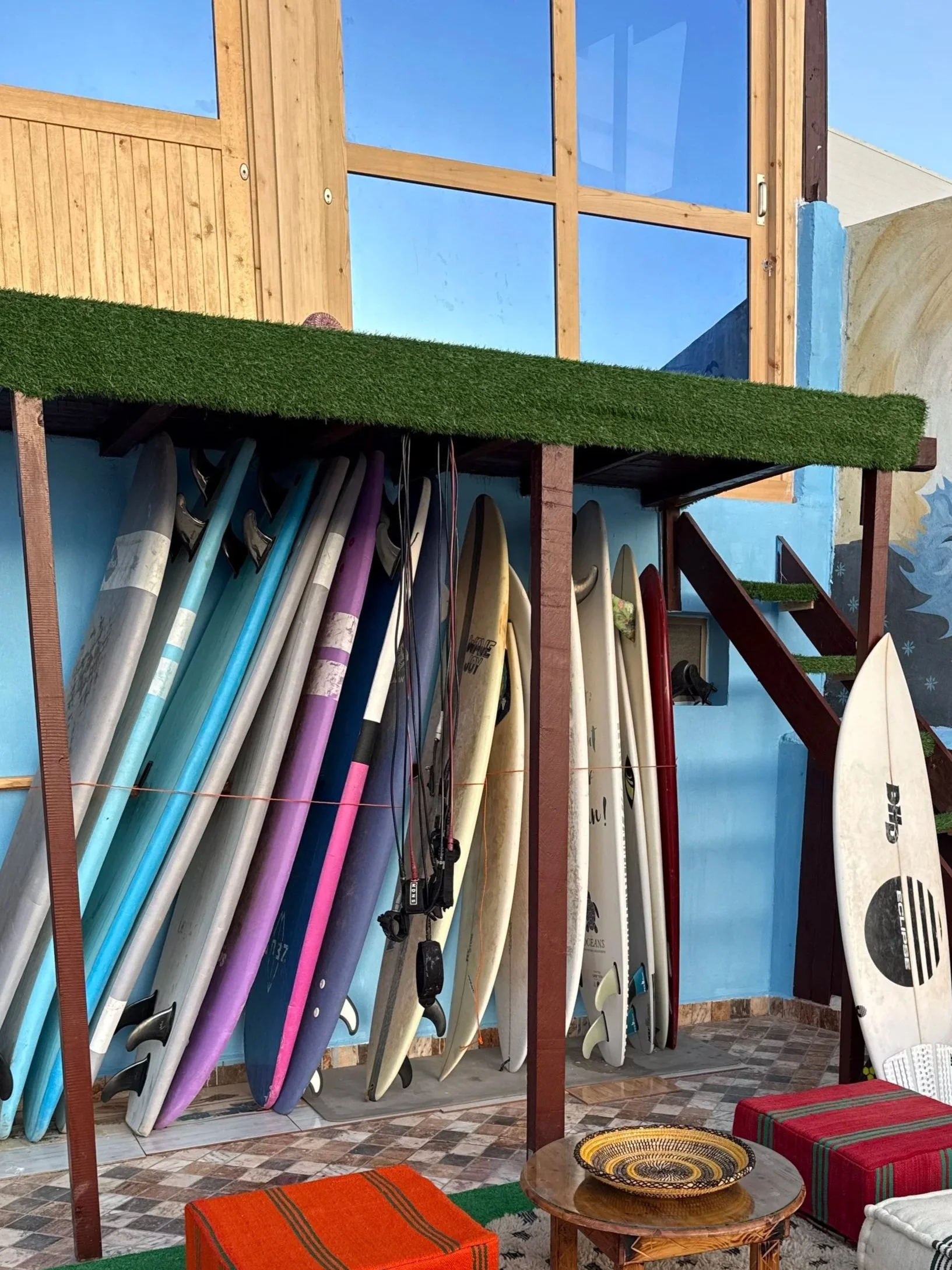 Surfboards at the rooftop of the surf house