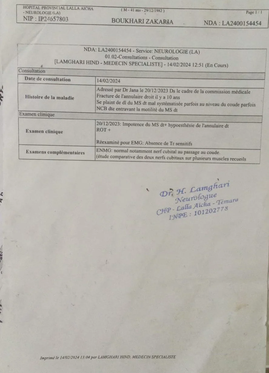 Medical report from La La Aicha Provincial Hospital, Neurology department, for Boukhari Zakaria, a 41-year-old man. The report covers consultation details dated February 14, 2024, including history, clinical examination, and additional tests. It mentions a consultation with Dr. Jana on December 20, 2023, about a right wrist fracture and symptoms related to multiple sclerosis, with clinical examination showing MS-induced weakness and hypesthesia of the wrist. The report includes a signature of Dr. H. Lamghari, Neurologist.