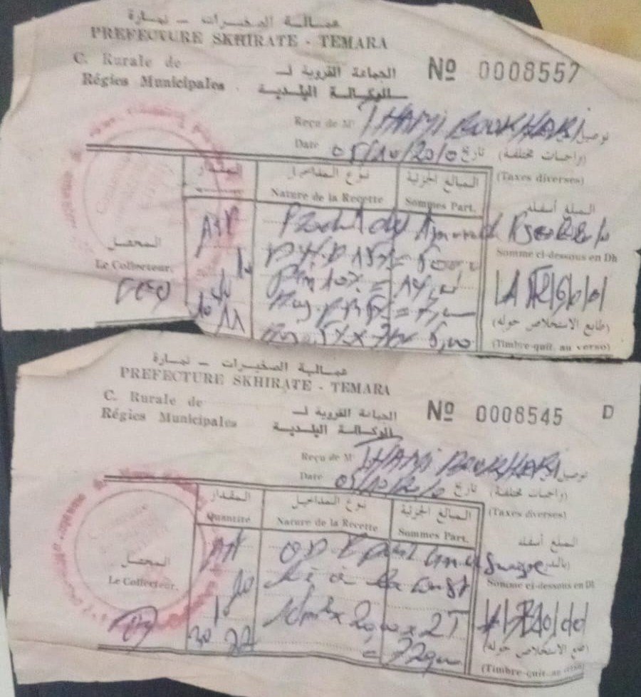 Two Moroccan fishing permits from Skhirate, Temara, with handwritten details, official stamps, and signatures.
