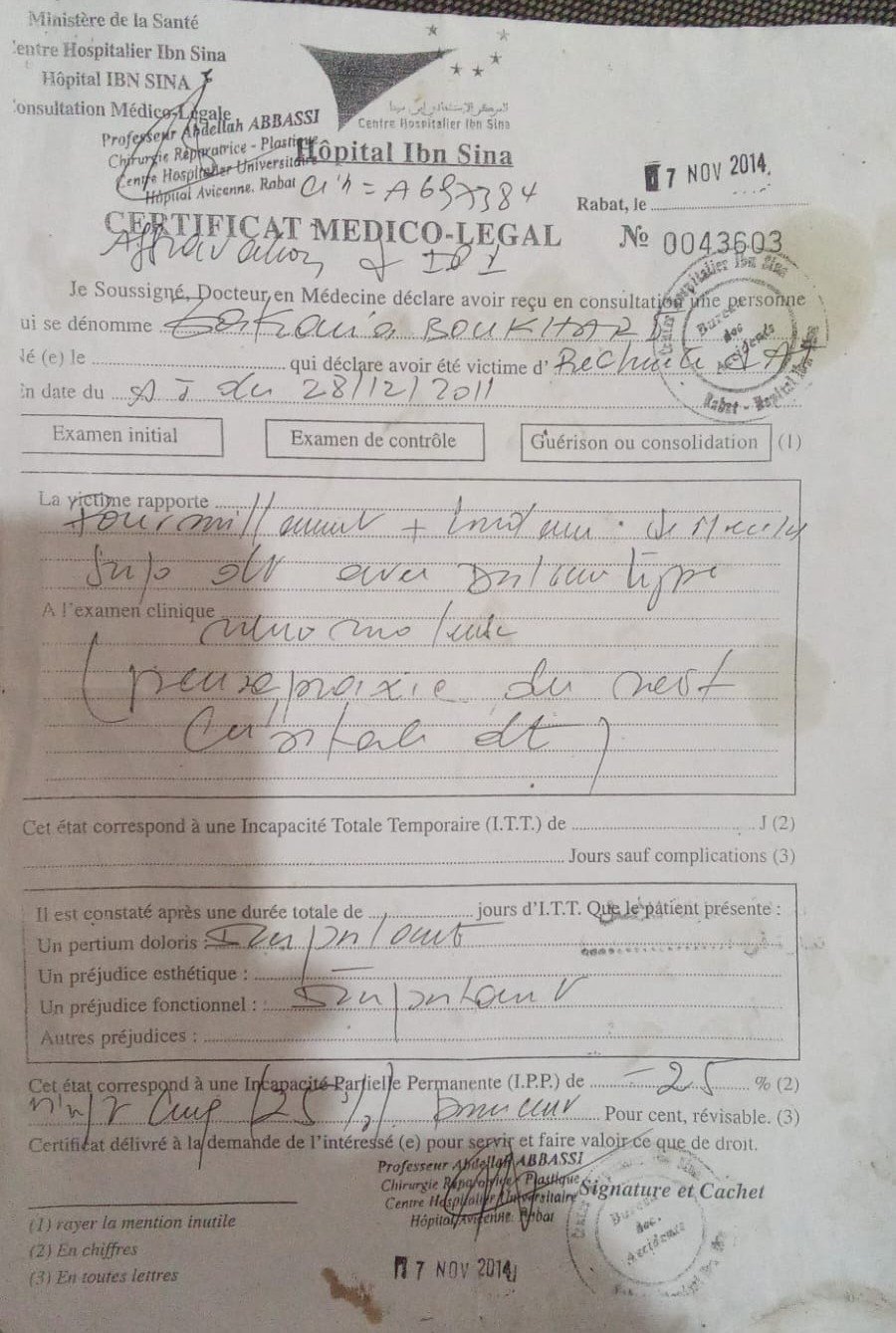 Medical certificate from Ibn Sina Hospital in Rabat, Morocco, dated November 17, 2014, indicating a person named Souha Bouktir was a victim of an incident on December 28, 2011, with handwritten annotations and official stamps.