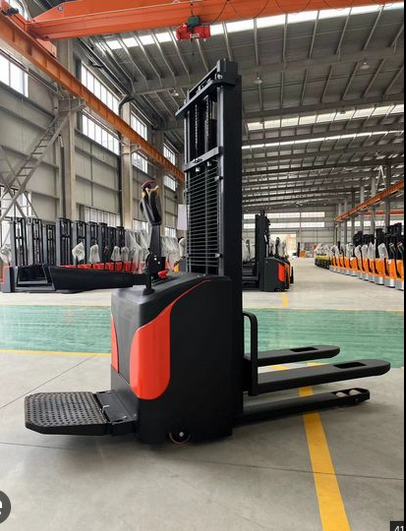 Electric pallet jack forklift in a warehouse.