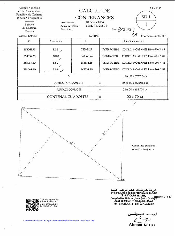 A cadastral survey document showing a property boundary with coordinates, reference points, and a diagram of the land parcel, including measurements and calculations.
