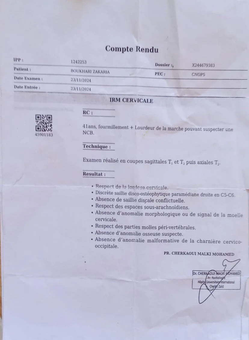 Medical report titled 'Compte Rendu' with patient information, exam date, and results of cervical spine examination including observations about the cervical spine, disc-osteoarthritic spaces, and vertebral parts, signed by Dr. Cherkaoui Malki Mohamed.