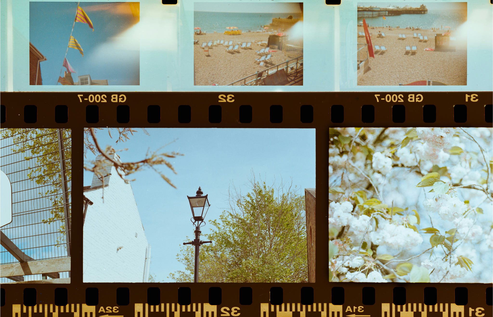 A strip of photographic film with multiple images. The images include a clear blue sky with flags and a building, a beach scene with lounge chairs and umbrellas, a streetlamp and trees, and white blossoms on a tree.