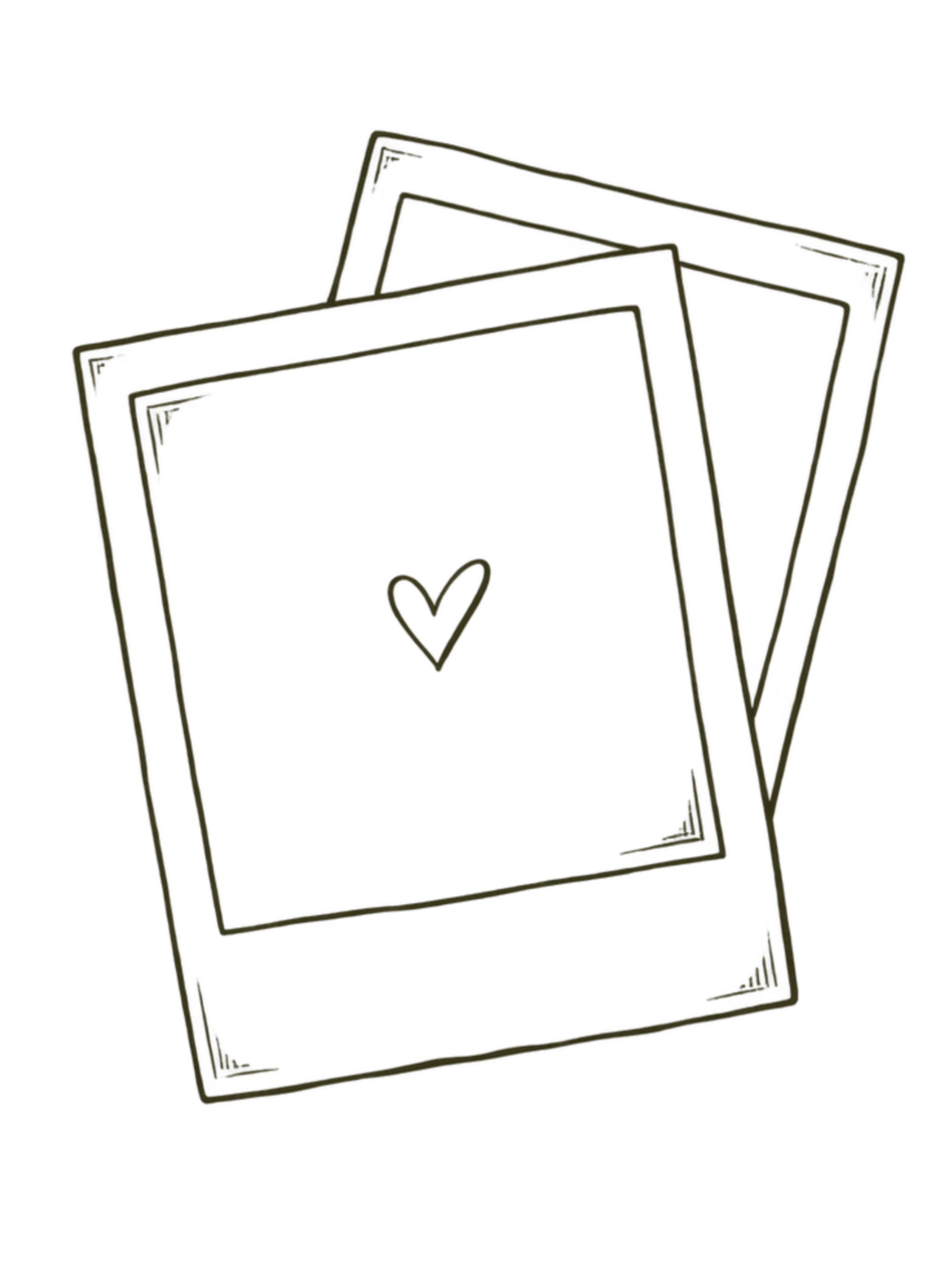 Illustration of three overlapping photo frames, one with a heart symbol inside.