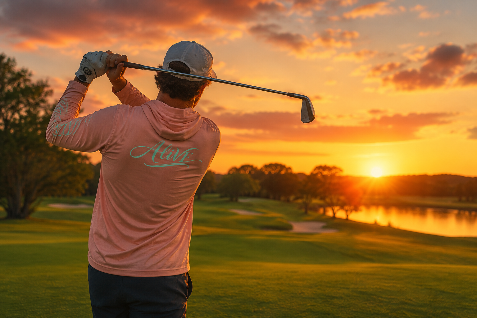 A person playing golf on a course during sunset, wearing a pink hoodie with the word 'Alive' on the back, holding a golf club, with trees and a water hazard in the background.