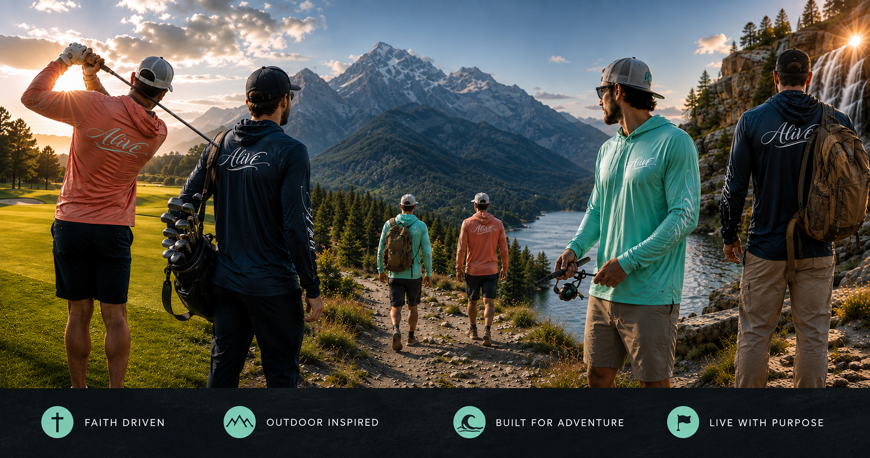 Group of friends hiking, golfing, fishing, and camping in nature with mountain and lake scenery at sunset,