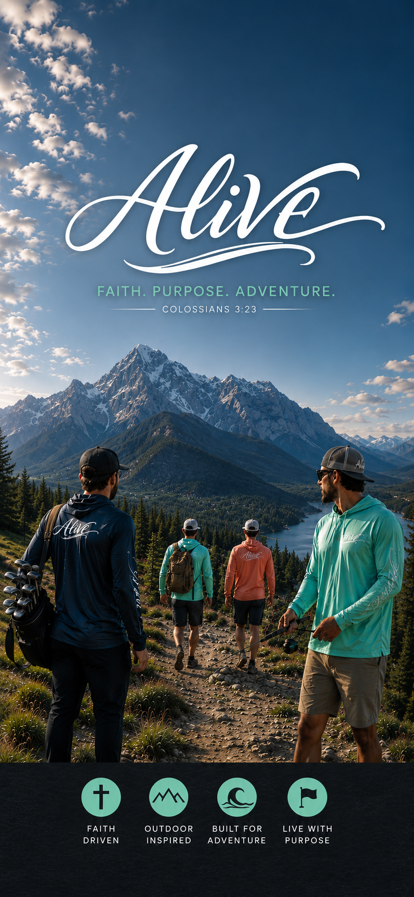 A group of four hikers walking on a trail through a mountainous landscape with snow-capped peaks, a lake, and a clear sky with scattered clouds. Two hikers are in the foreground, wearing colorful jackets and hats, wearing a christian brand.