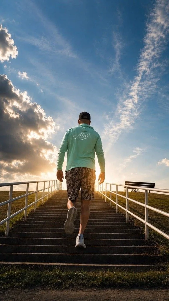 A man in a mint green hoodie, shorts, and sneakers walking up outdoor stairs towards a sunset sky with clouds and a bench on the side.