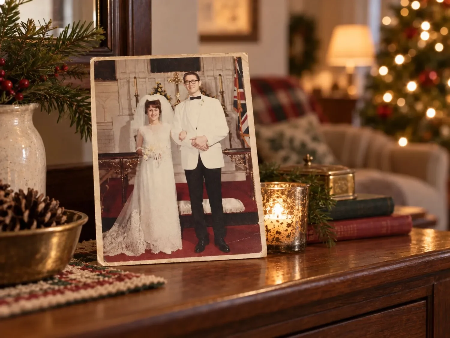 An archival wedding photograph resting within a warm present-day Christmas setting