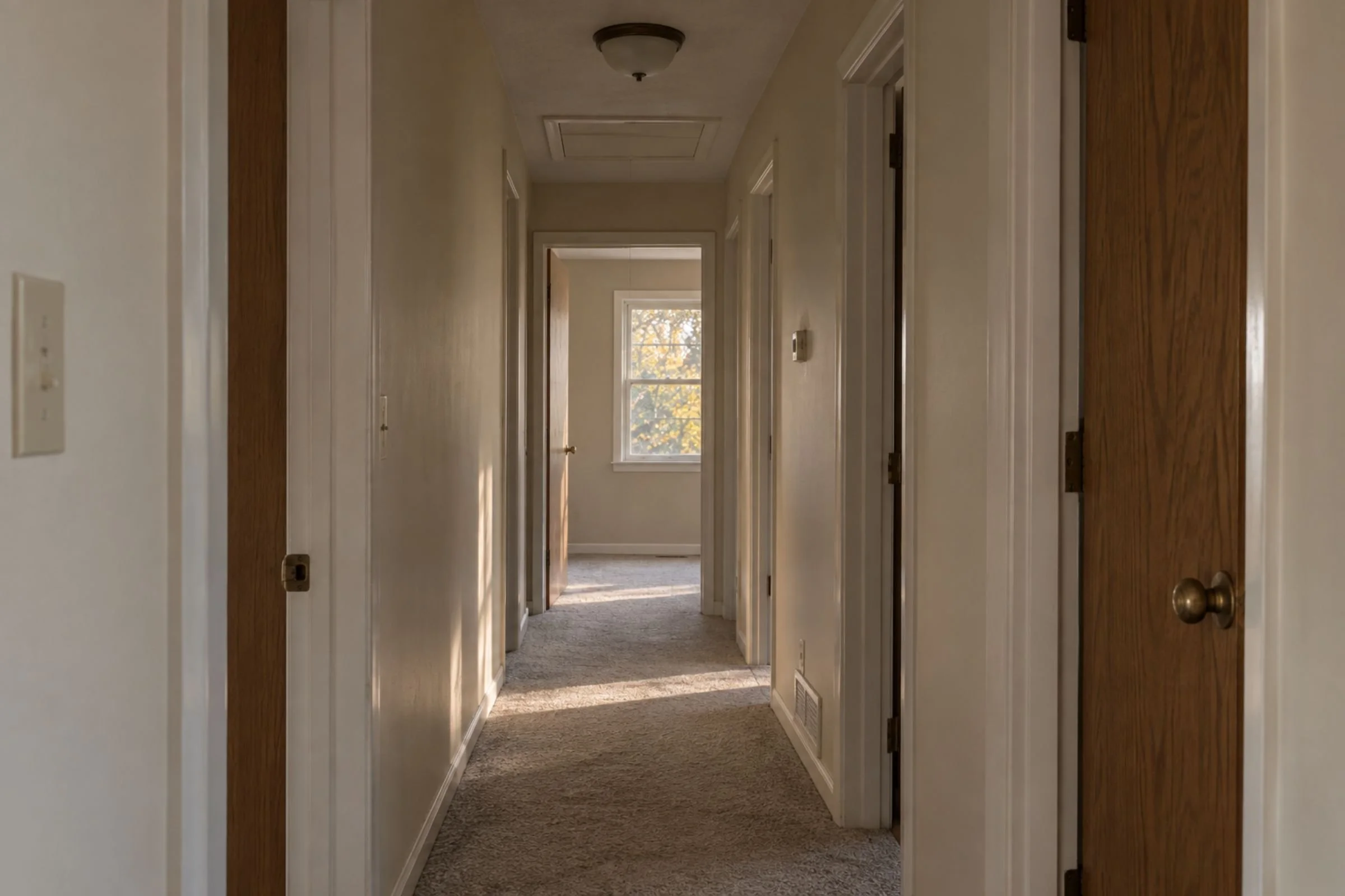 A narrow upstairs hallway in the nearly empty home.
