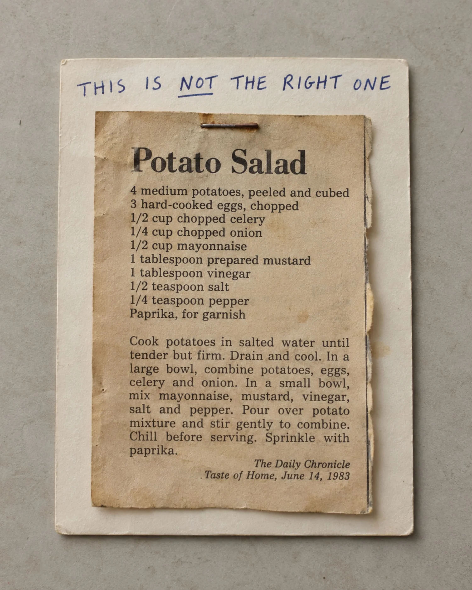An old potato salad newspaper clipping marked THIS IS NOT THE RIGHT ONE.