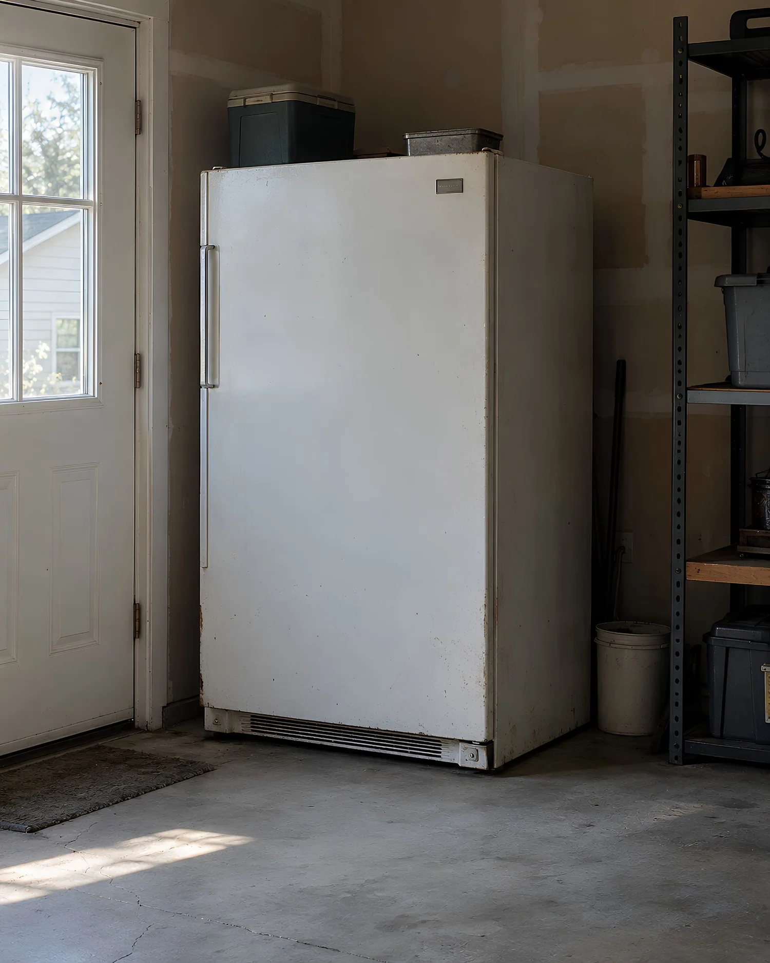 An old white utility refrigerator in the garage.