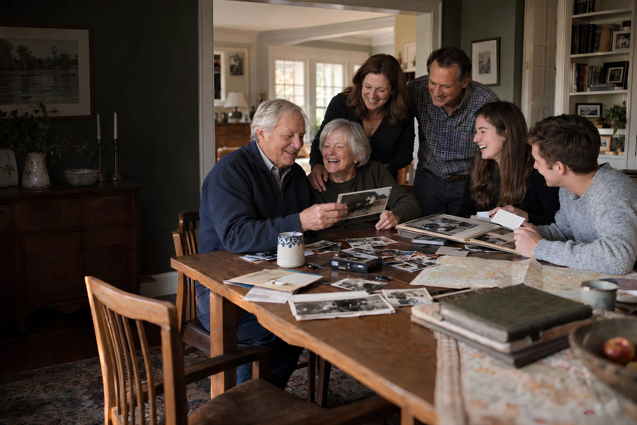 A gathering of people looking through photographs, letters, and personal keepsakes around a table.