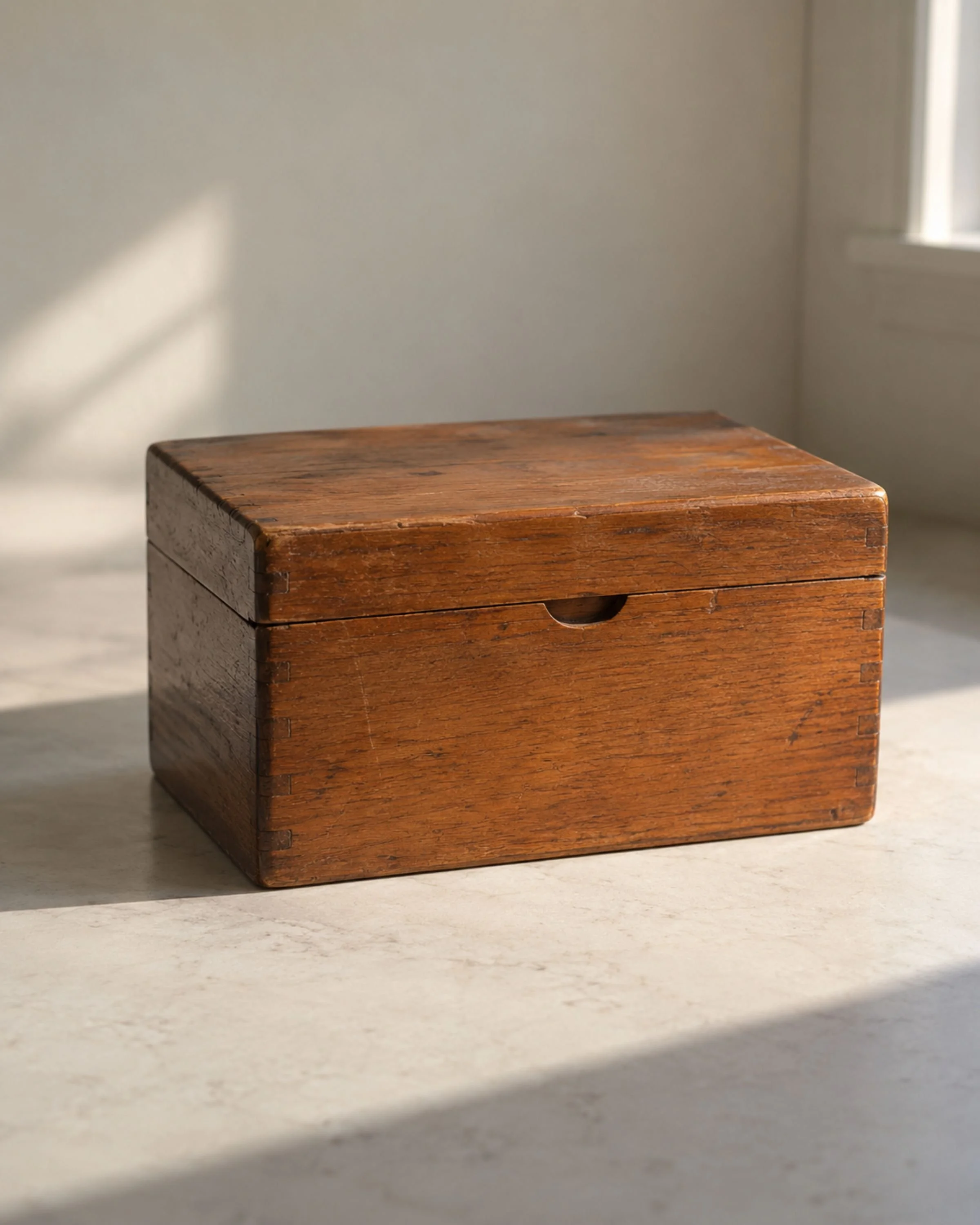 The closed wooden recipe box.