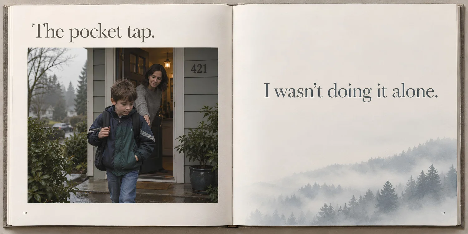 Open keepsake book spread about the pocket tap shared by Evelyn and Julian