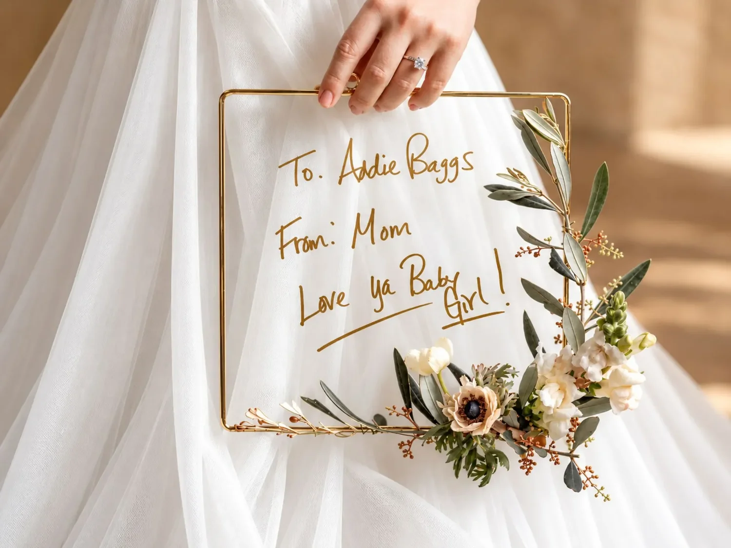 A bride holding a handwritten message from her mother