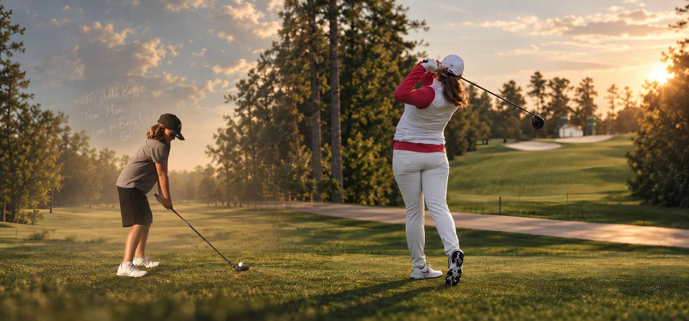 Addie as a child and as an adult on the golf course, with a note from her mother integrated into the scene.