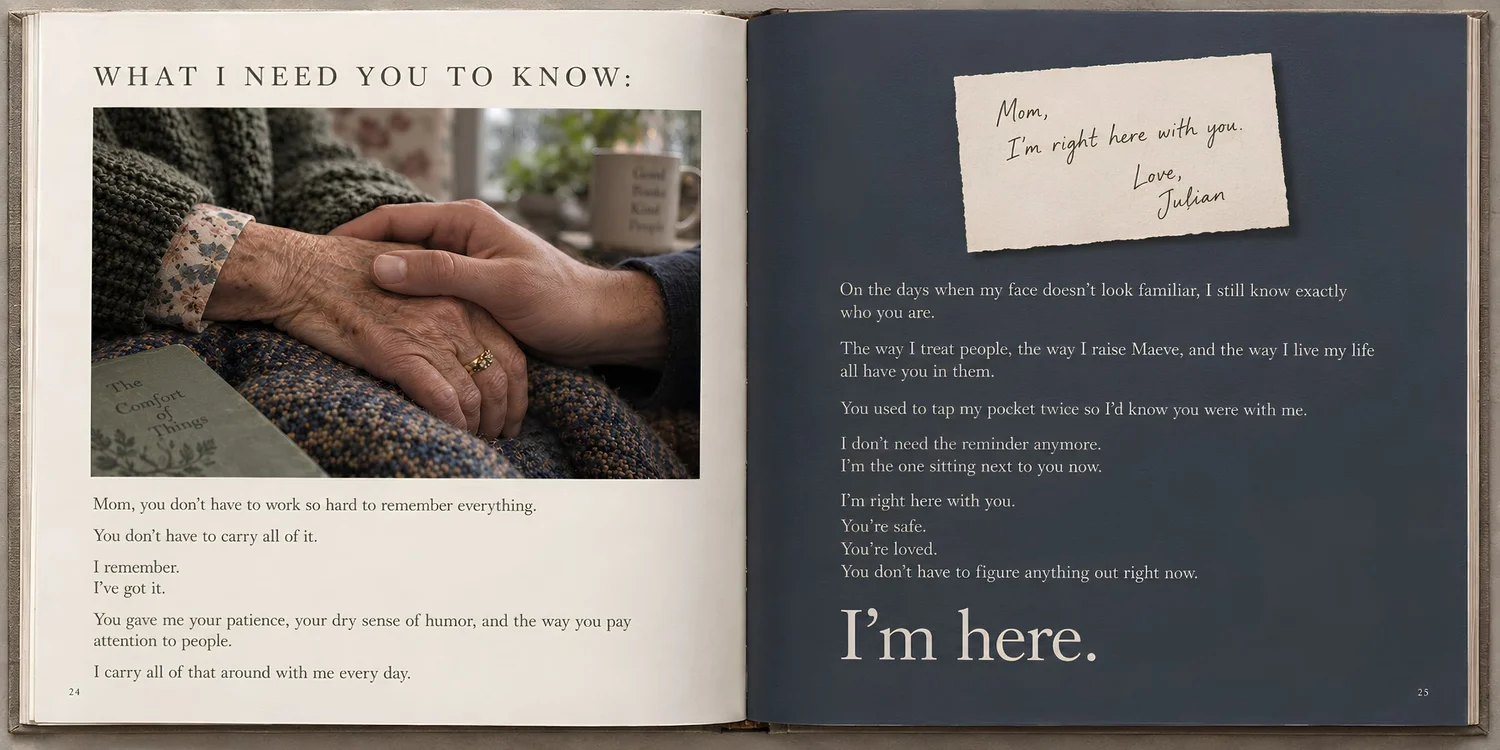 The final two-page spread of Our Story Book, ending with Julian telling his mother, I'm here