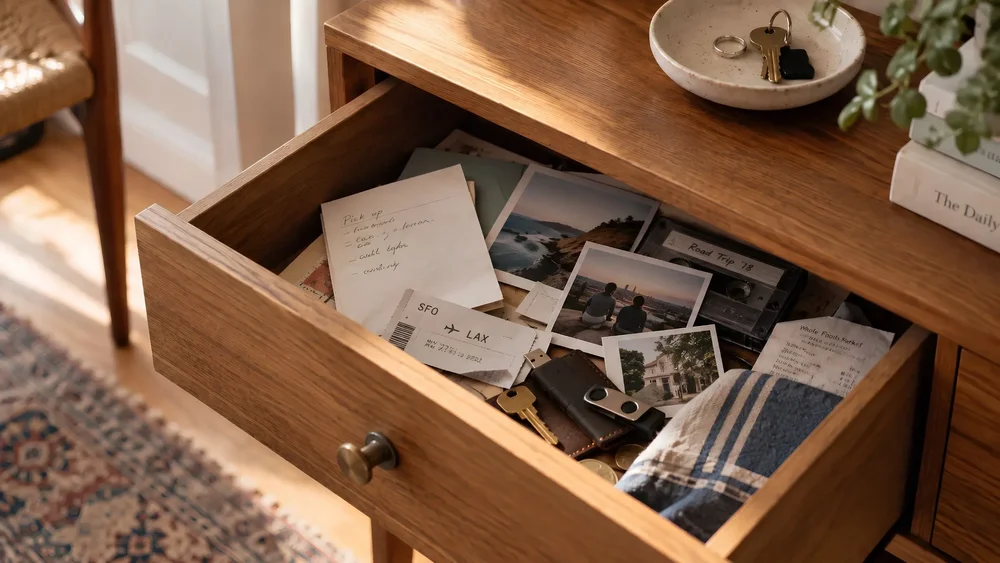 Open drawer holding photographs, handwritten notes, and small everyday objects kept over time.