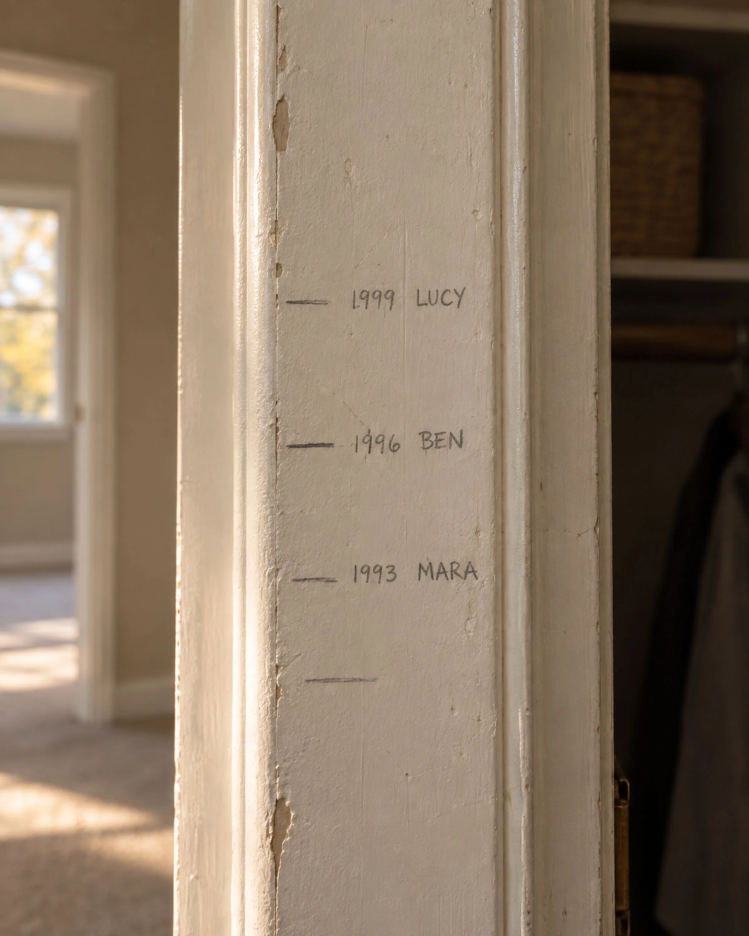 Pencil height marks for Mara, Ben, and Lucy on an old painted doorframe, plus one unlabeled mark.