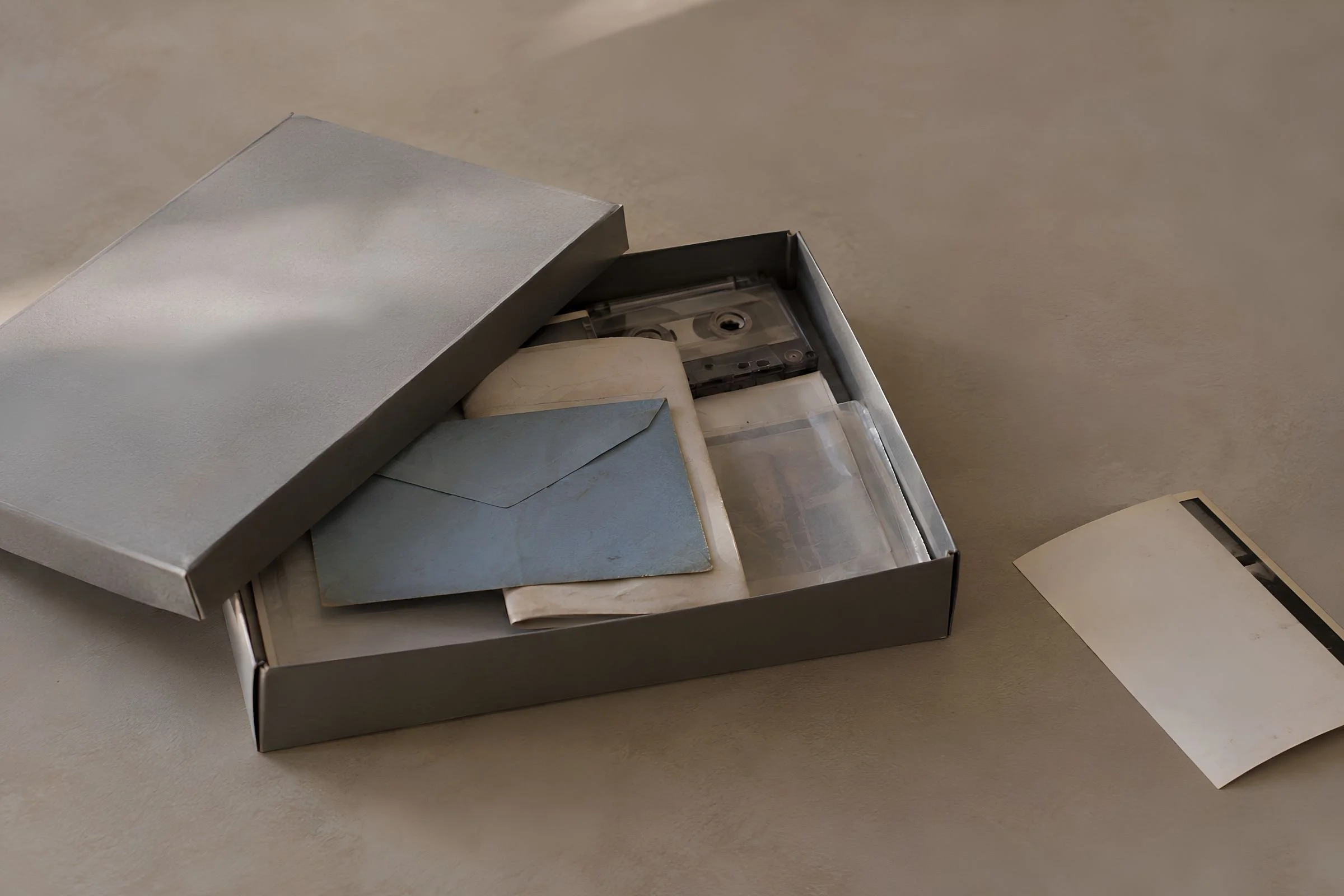 An open archival box containing a faded blue envelope and scattered personal materials.