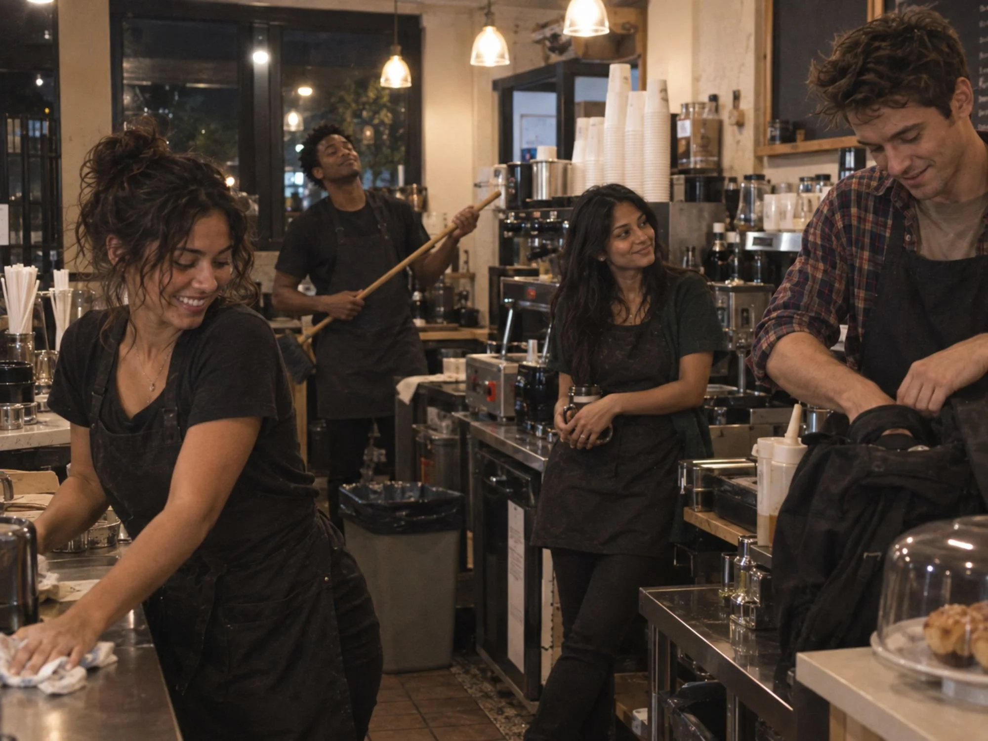 Four people working an ordinary closing shift in 2015