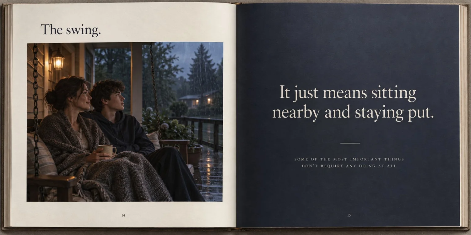 Open keepsake book spread showing Evelyn and Julian sitting together on a porch swing