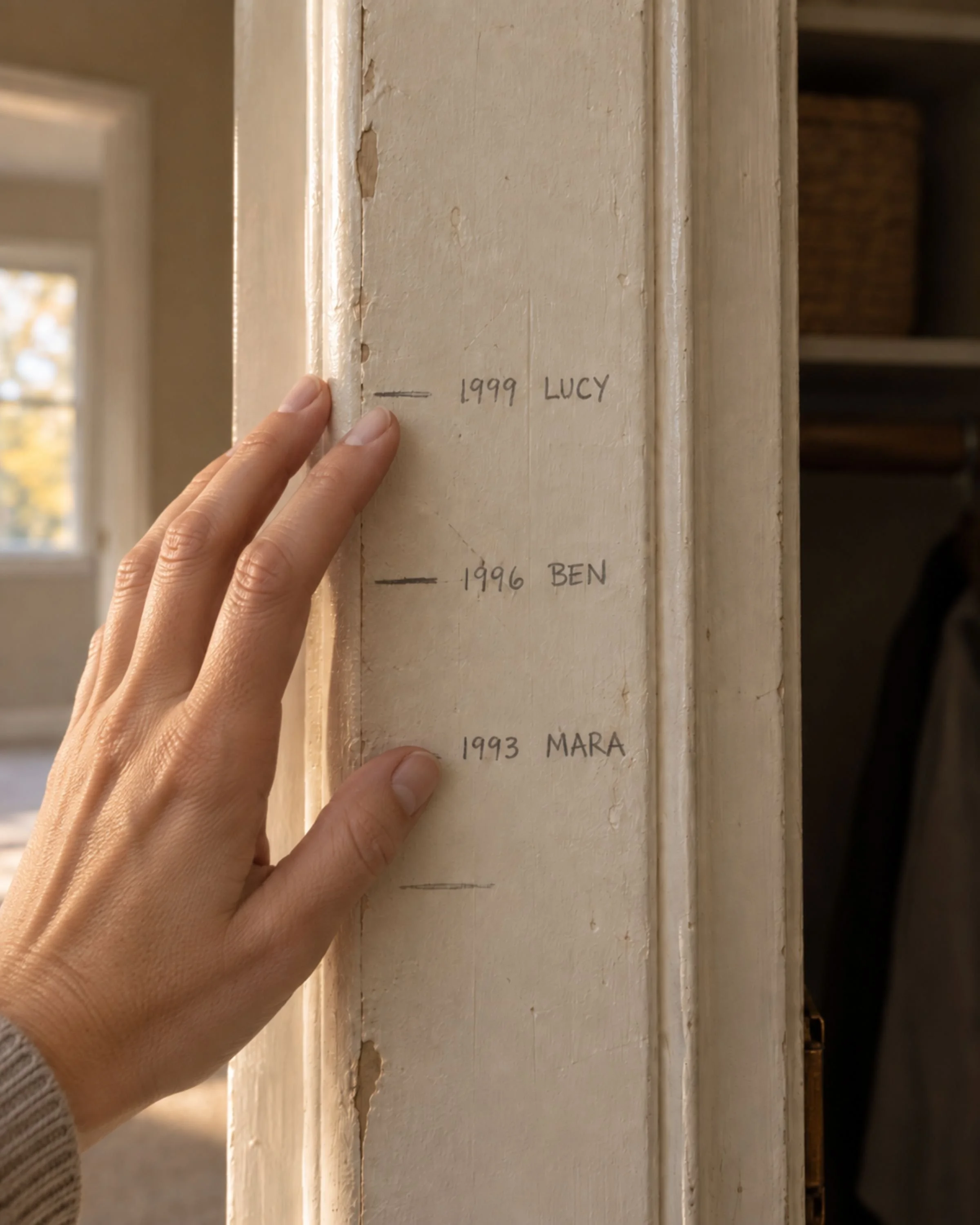 An adult hand touching the old pencil height marks on the doorframe.