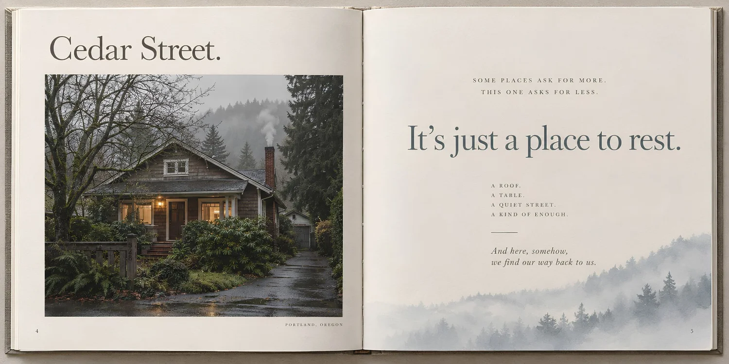 Open keepsake book spread about Cedar Street