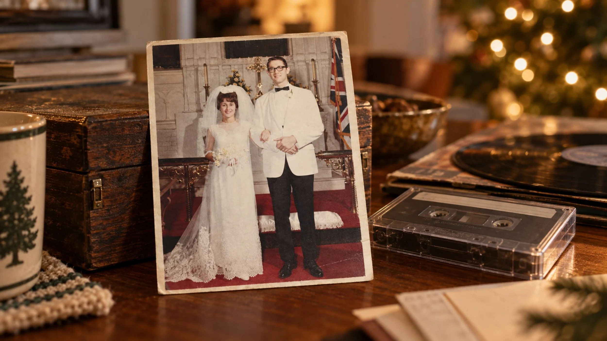 An editorial arrangement from Sam's Family Audio Portrait, bringing together family photographs, correspondence, recorded voice, and the history shared by Sam and Amalie