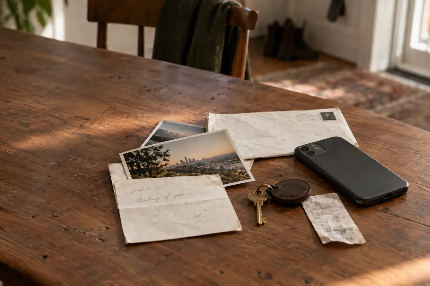 Overlapping keepsakes, photographs, and papers gathered as story material