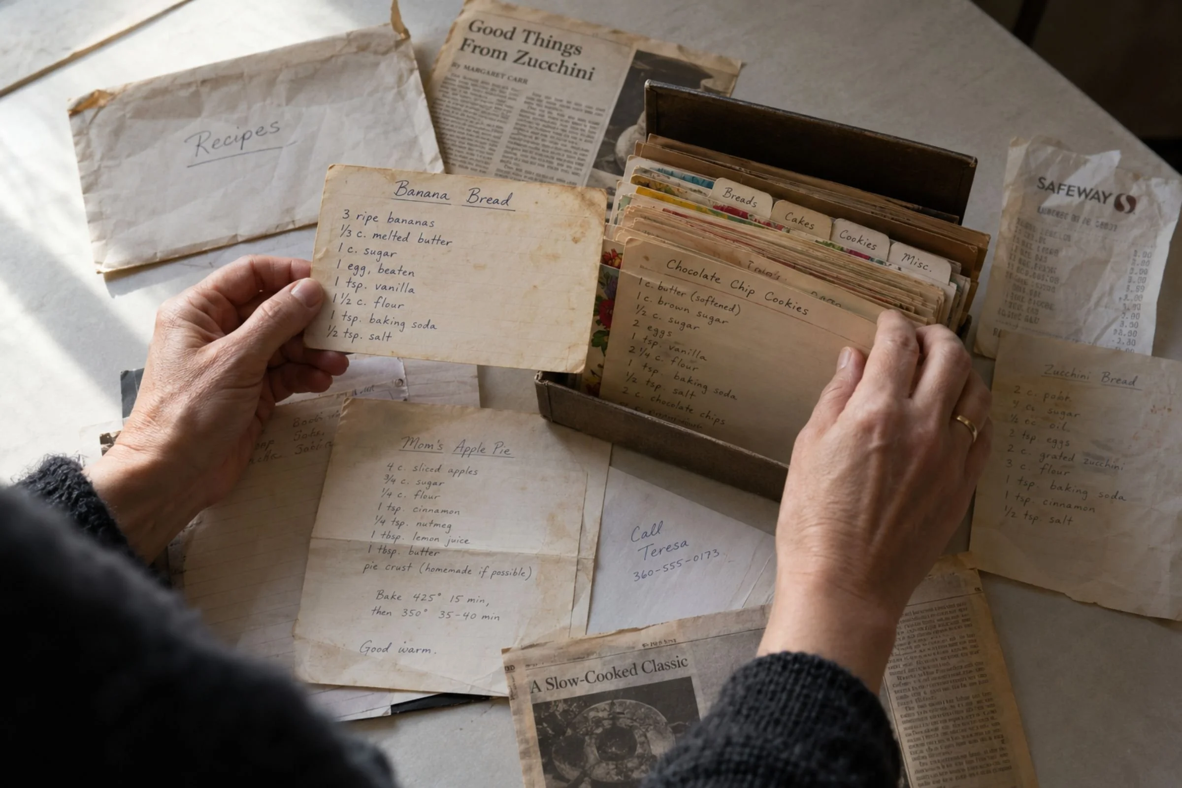 Hands sorting through handwritten recipe cards and paper artifacts.
