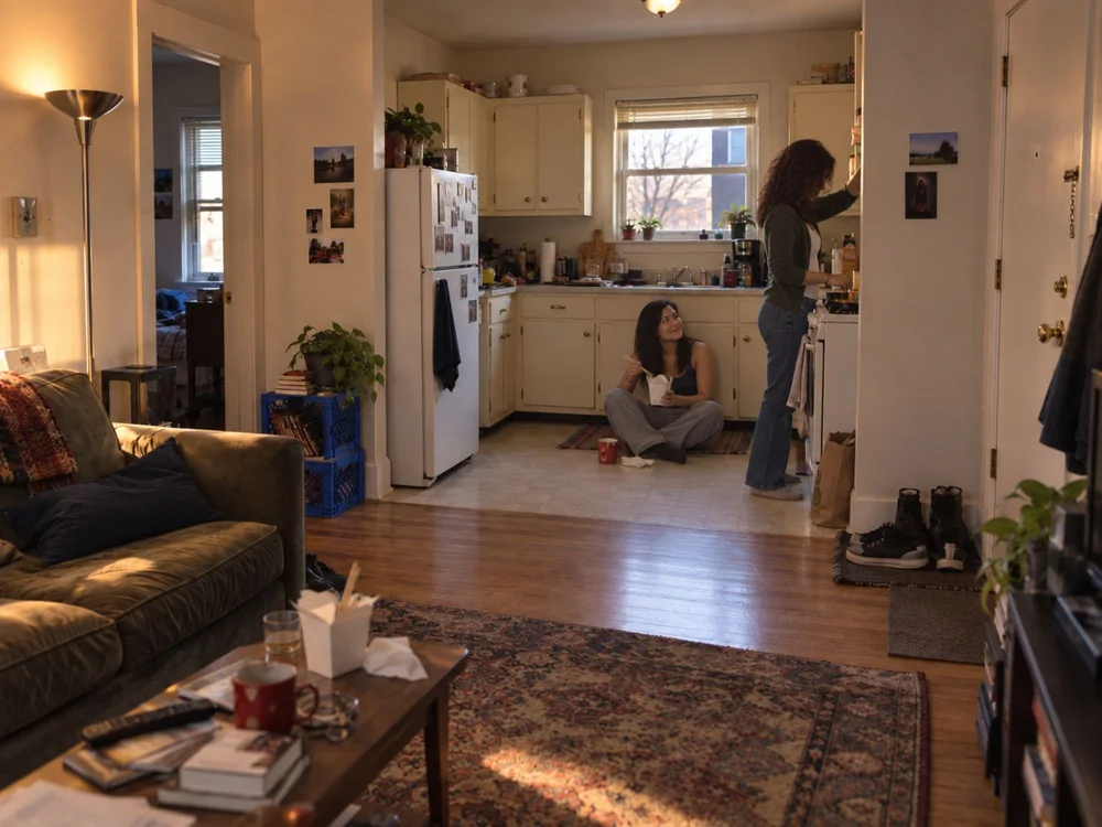 Nora and Maya in the modest kitchen they once shared