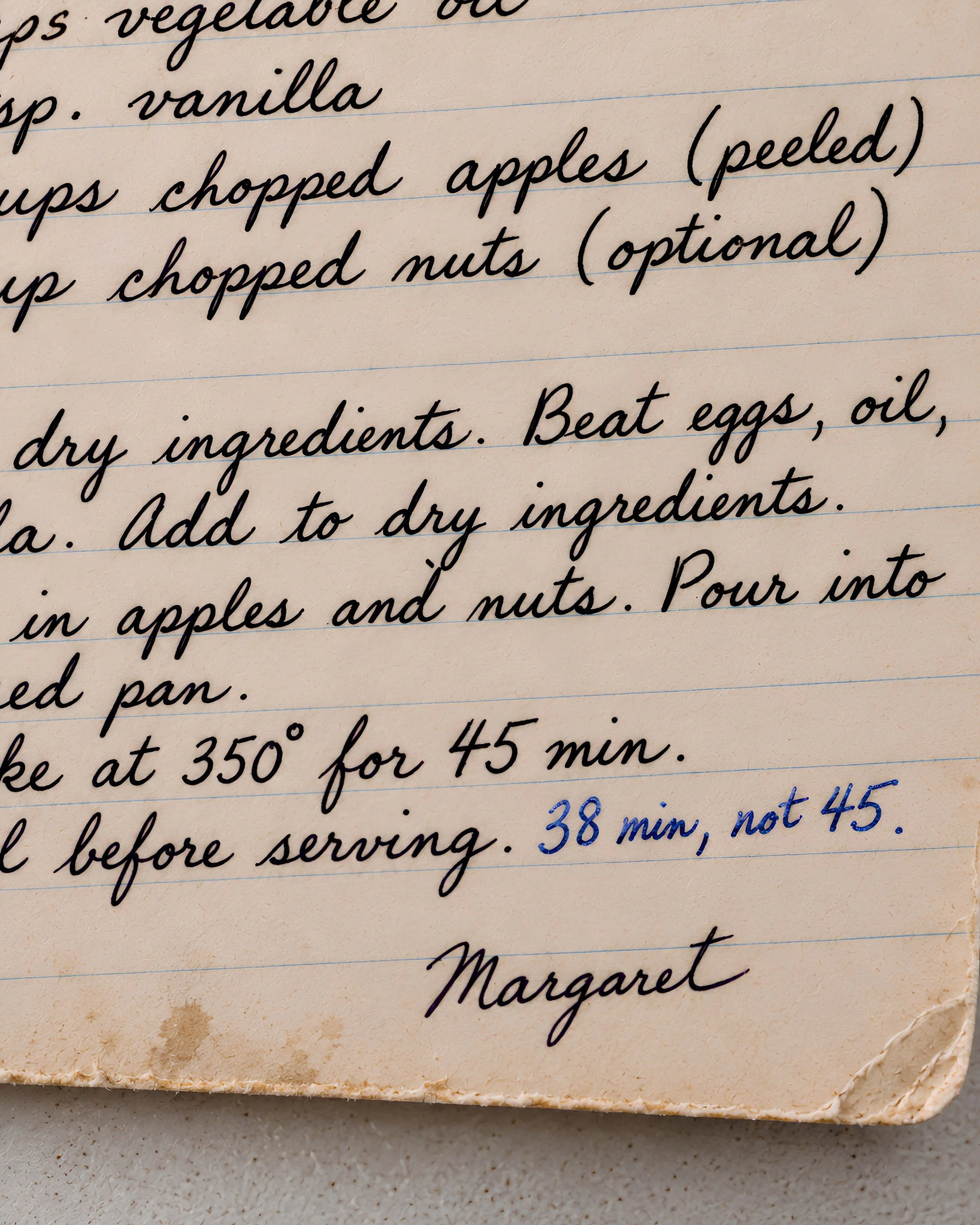 Close detail of Anne's later correction to the Apple Cake recipe.