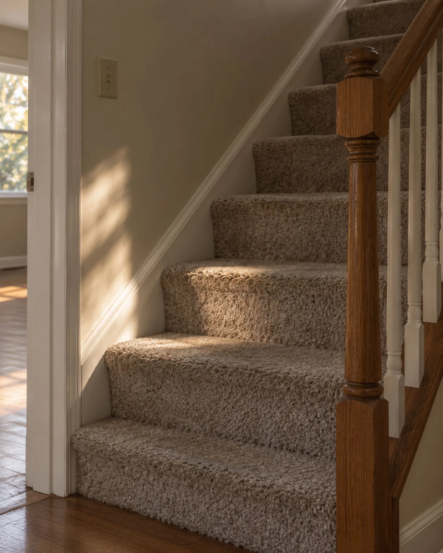 The lower section of the staircase, including the third step remembered for making noise.