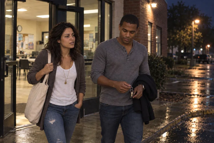 Two people leaving a community space together after a shift.