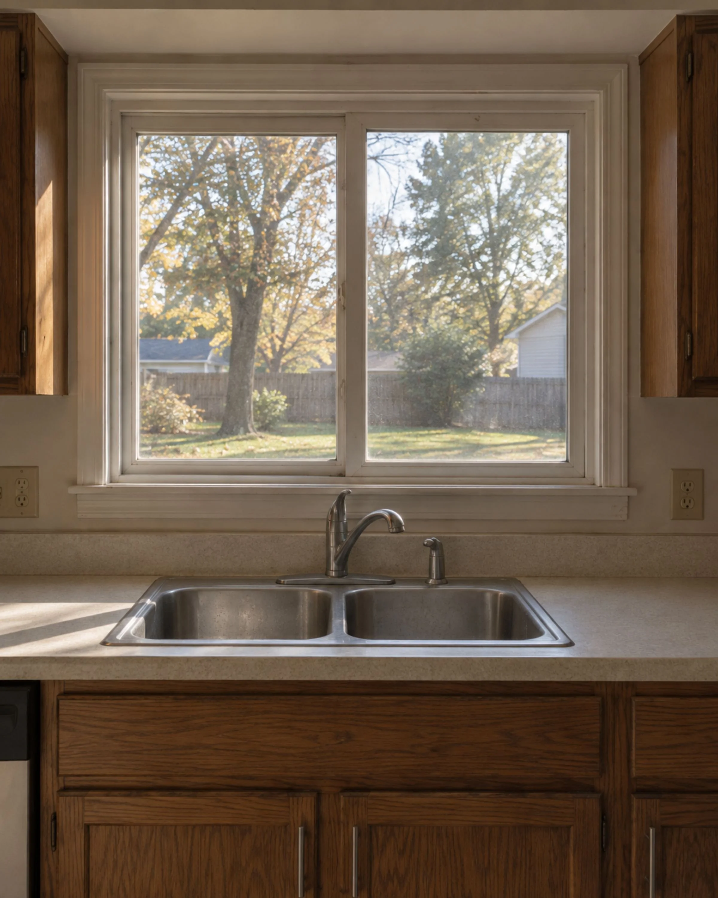 The kitchen window over the sink, looking into the backyard.