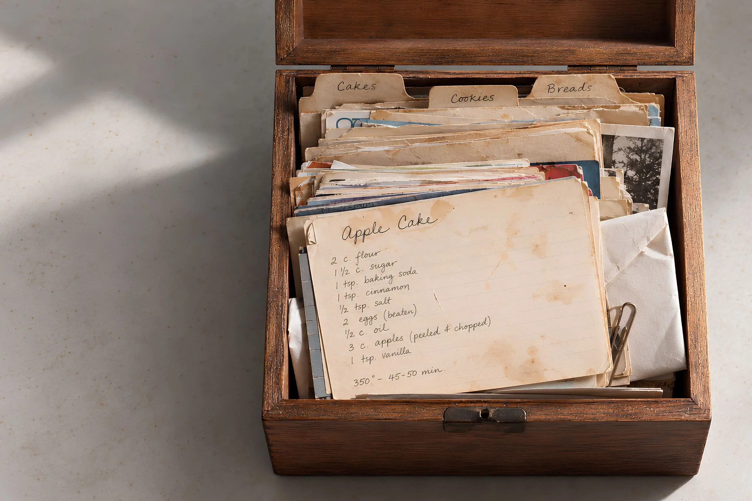 An open wooden recipe box filled with handwritten recipe cards, envelopes, clippings, and paper artifacts.