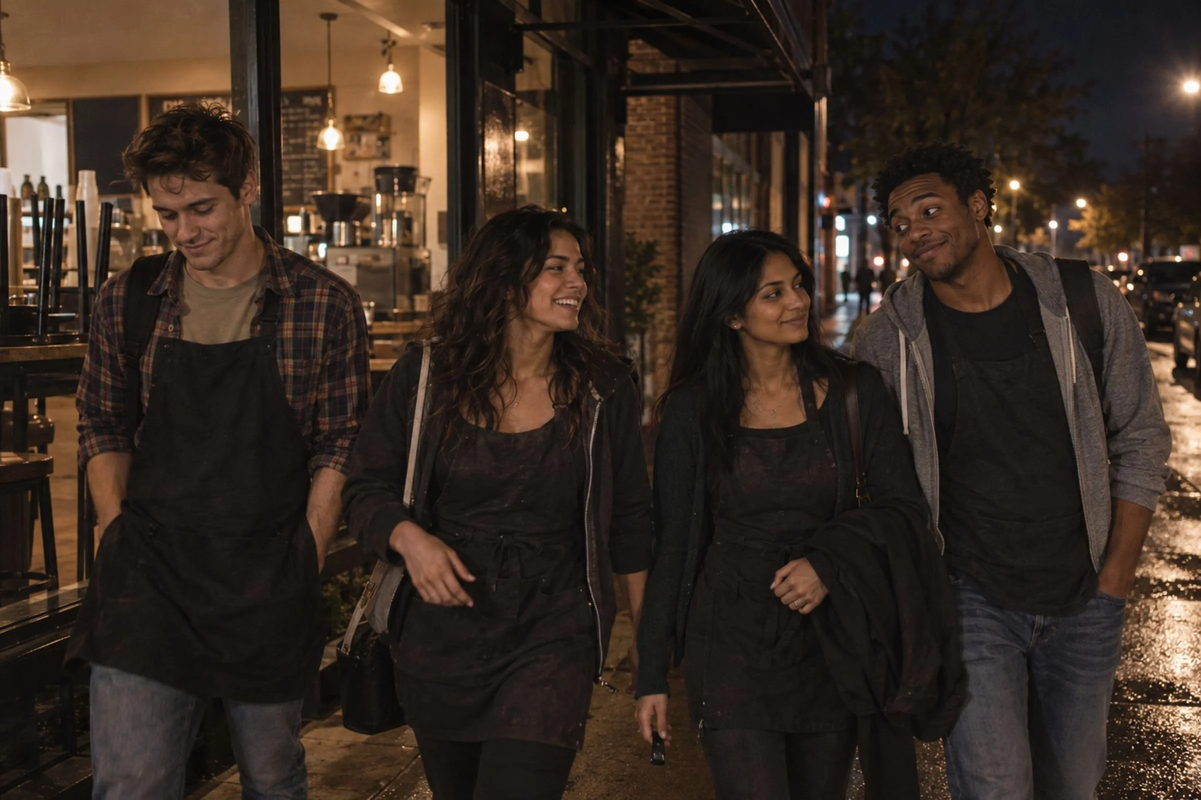 Four people outside a neighborhood shop late at night in 2015