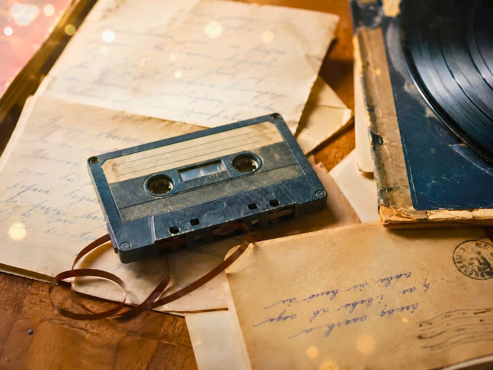 Archival still life with cassette tape, handwritten correspondence, and vinyl record
