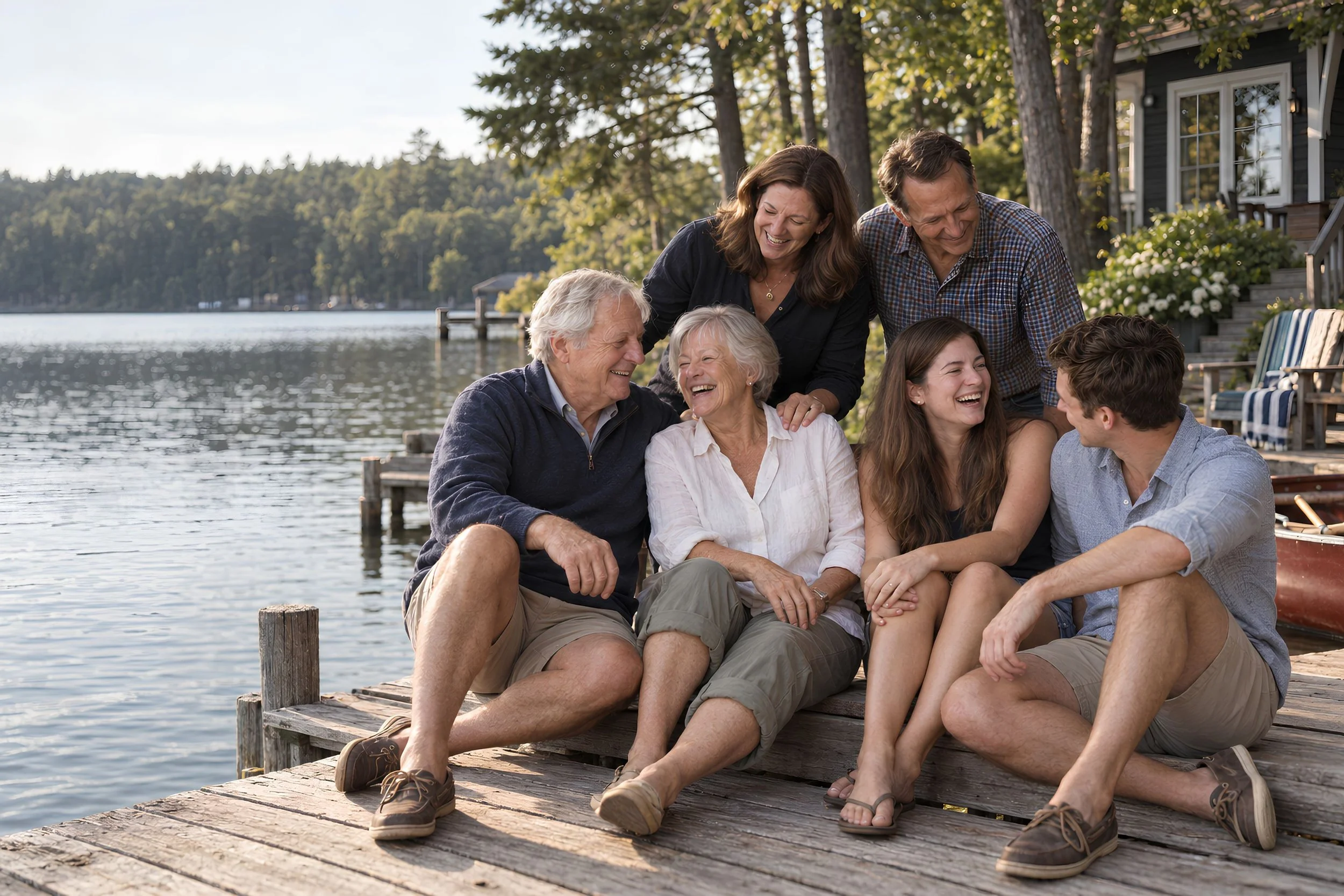 A group of people laughing together beside a lake during a summer gathering.