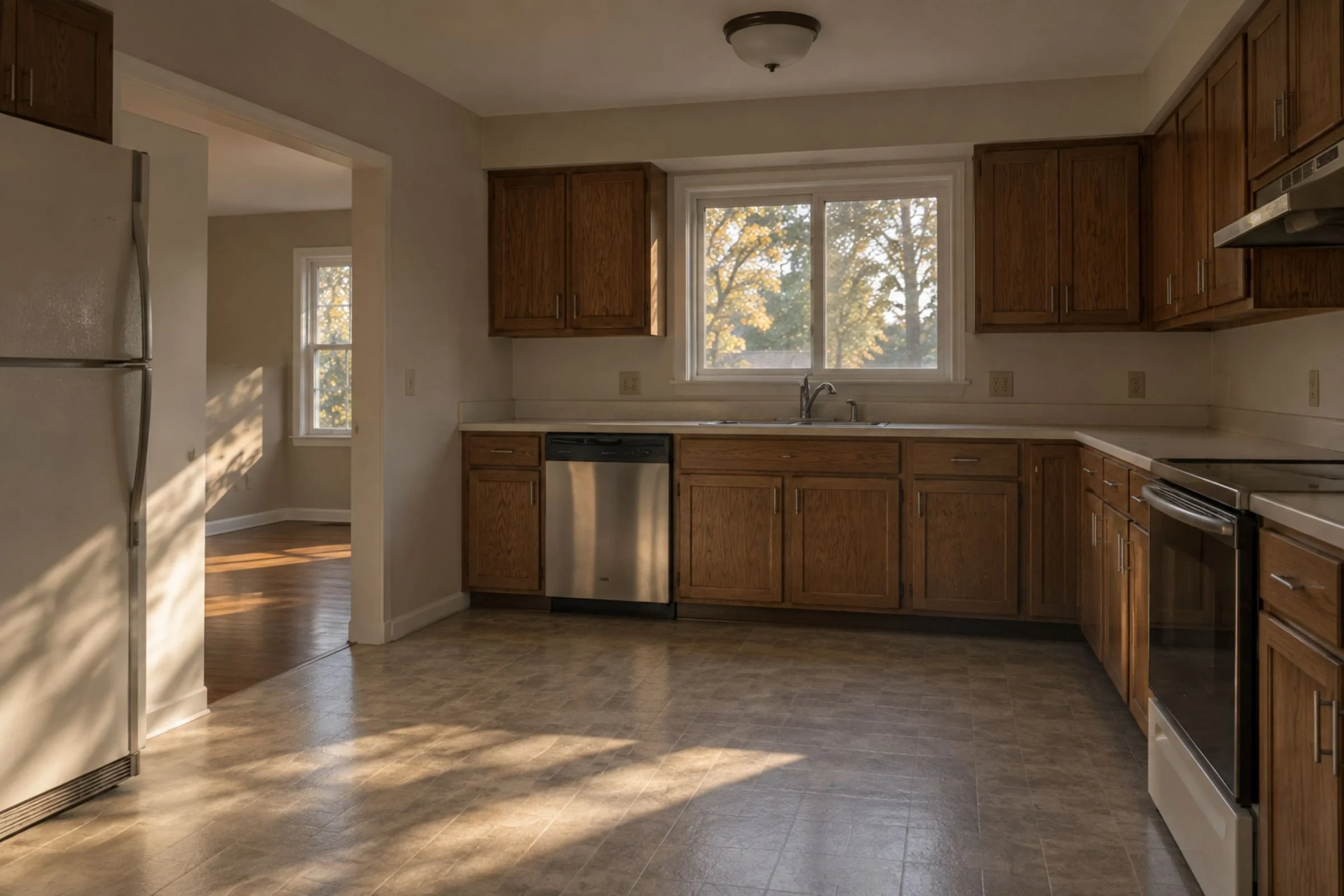 The nearly empty kitchen at 18 Hawthorne Lane, showing decades of modest updates.
