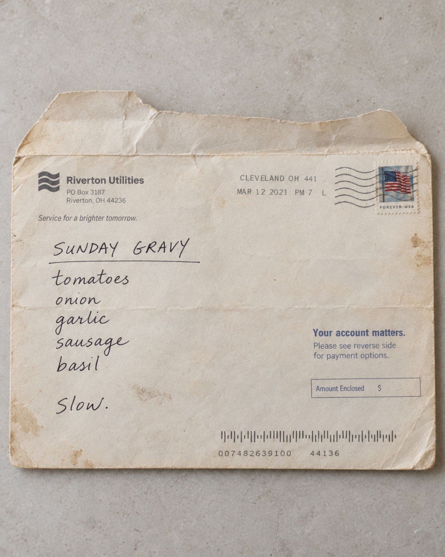 Sunday Gravy written on the back of an old envelope.