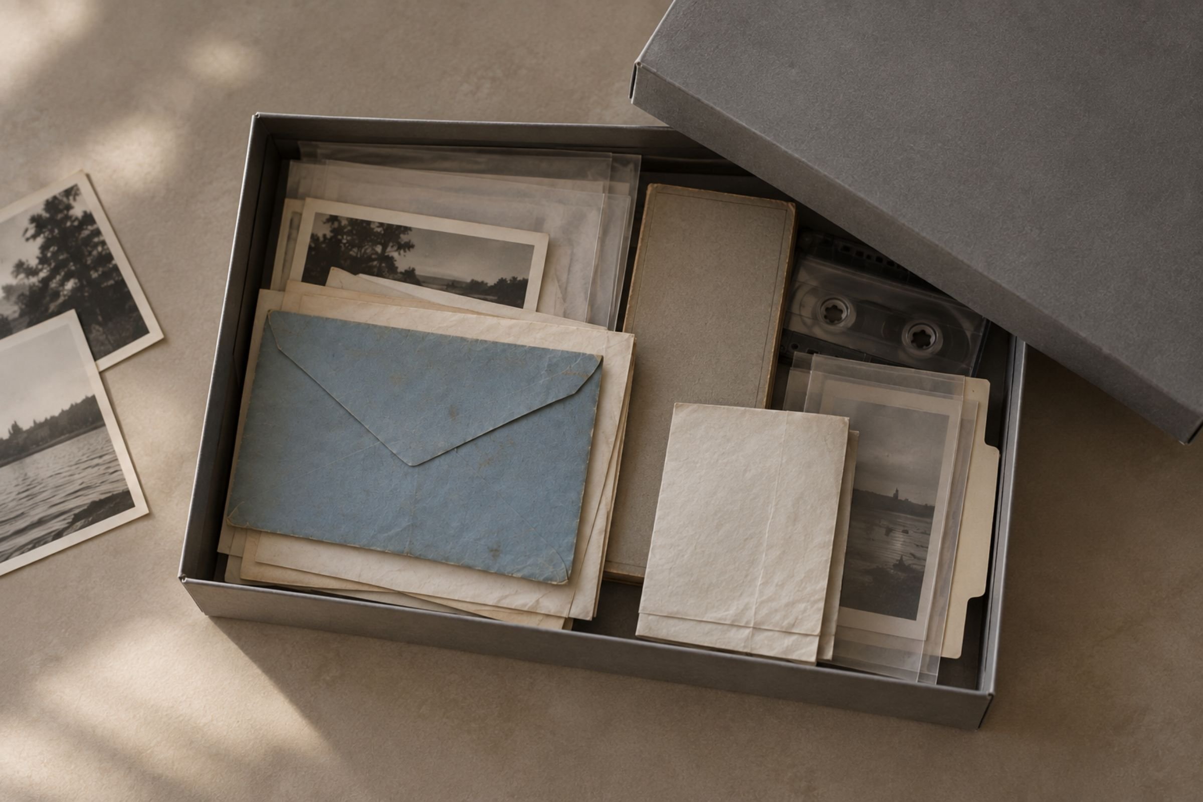 An open archival box holding envelopes, photographs, a cassette and paper fragments.